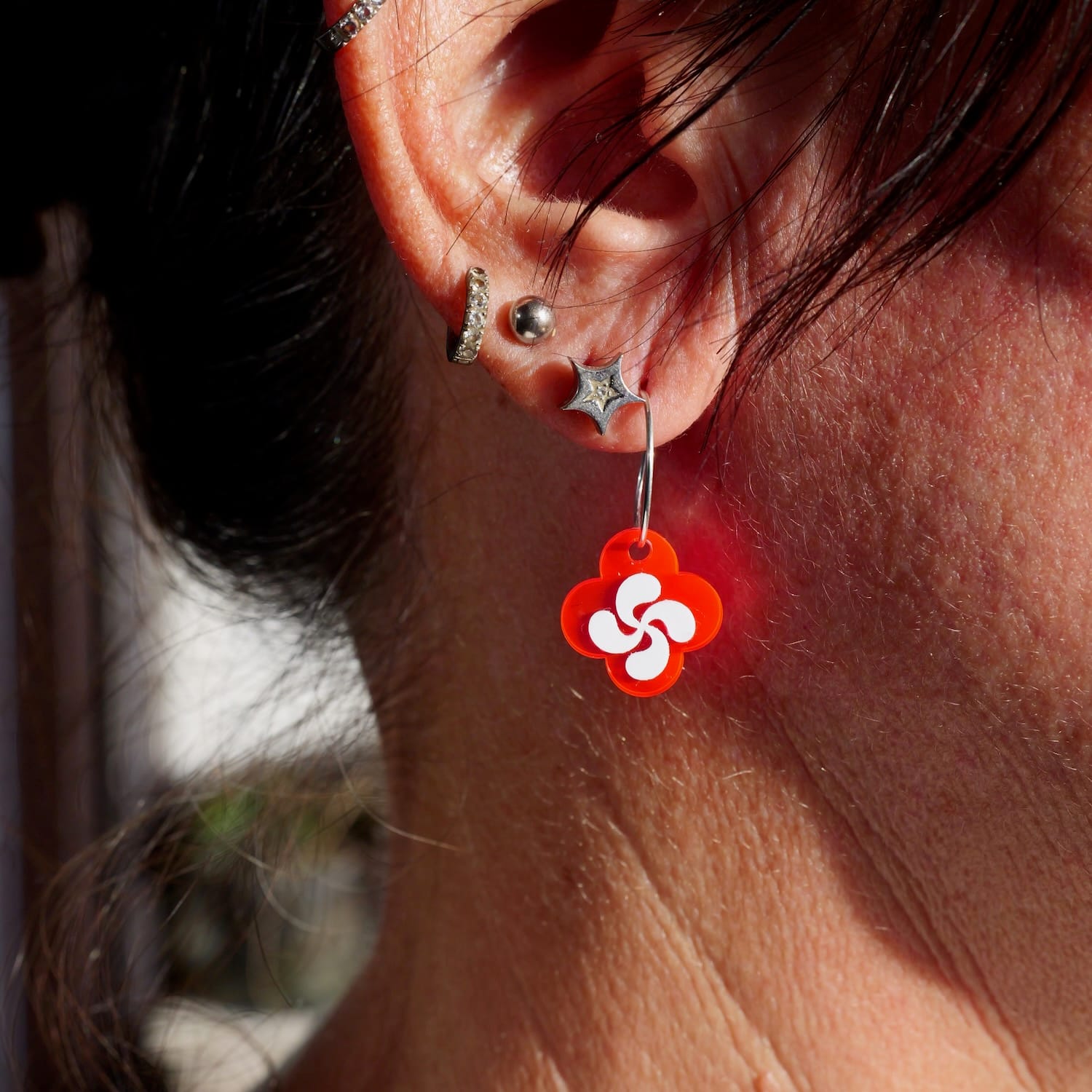 Boucles d'oreilles fleur Croix Basque Rose fluo